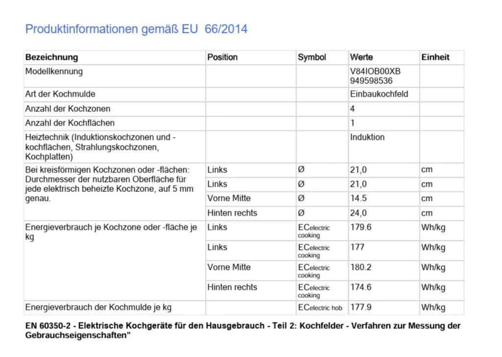Tabelle mit technischen Details eines Induktionskochfelds, Modell V84IOB00XB, gemäß EU-Verordnung.