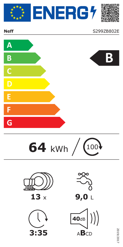 EU-Energielabel für Geschirrspüler: Klasse B, 64 kWh/100 Zyklen, 13 Gedecke, 9L Wasser, 40 dB.