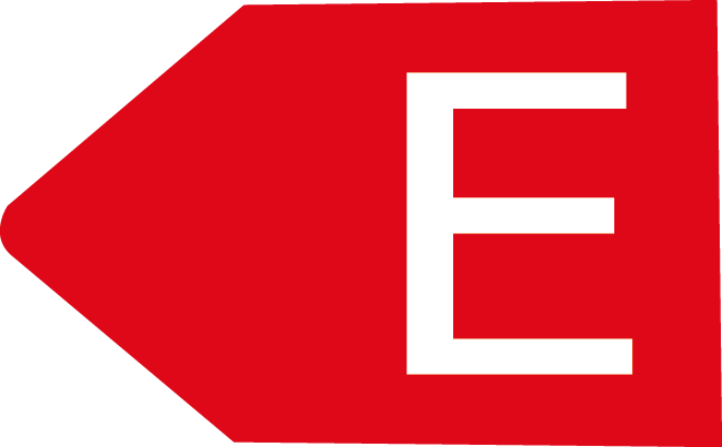 Rotes Energieeffizienzsymbol mit weißem "E", das auf eine niedrige Effizienzklasse hinweist.