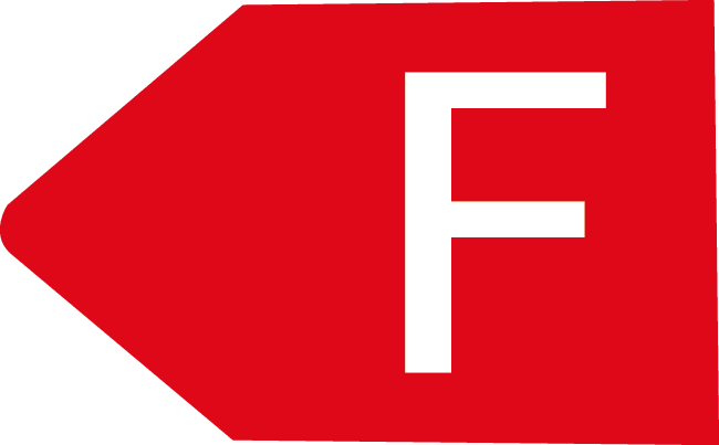 Rotes Energieeffizienzsymbol mit weißem "F", das auf geringe Effizienz hinweist.