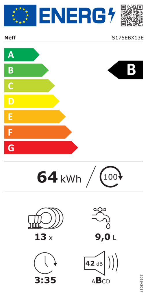 Energielabel für Neff Geschirrspüler, Modell S175EBX13E, Energieklasse B, 64 kWh/100 Zyklen.
