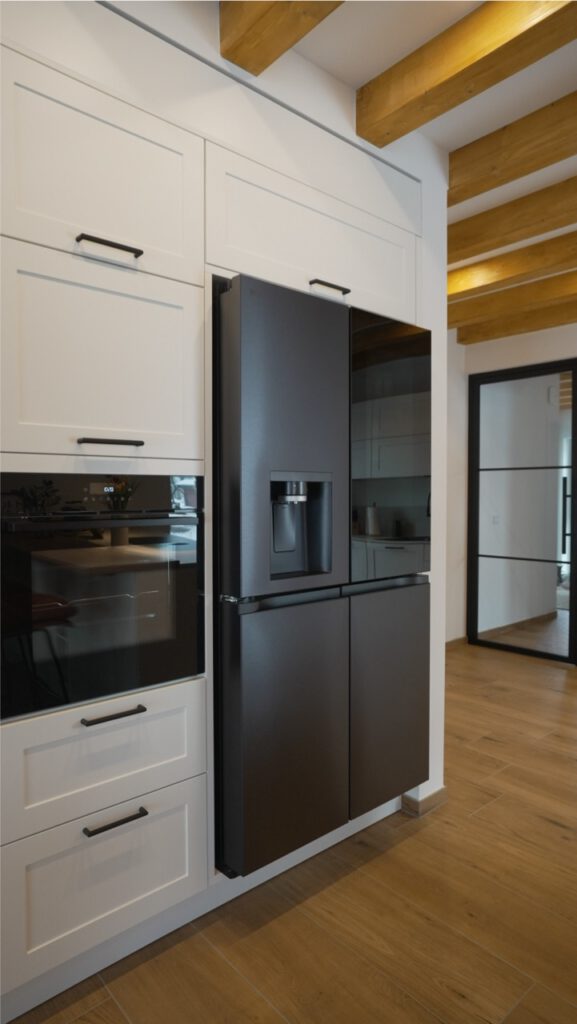 Moderne Küche mit schwarzem Kühlschrank, weißen Schränken und Holzboden, stilvoll und einladend.