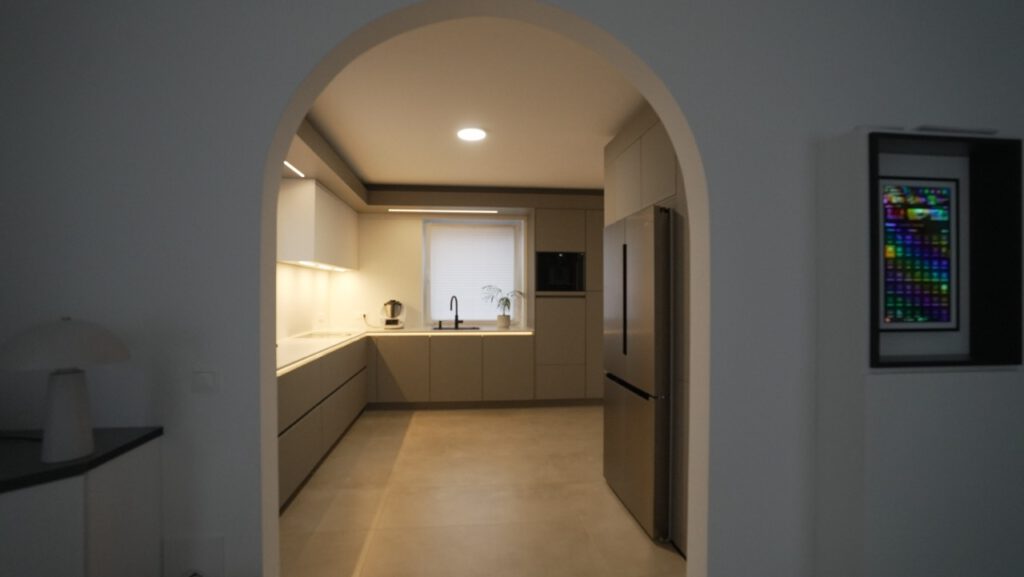 Moderne, minimalistische Küche mit L-förmiger Küchenzeile, silbernem Kühlschrank und Topfpflanze.