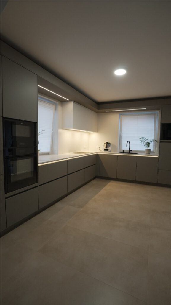 Moderne, minimalistische Küche in Grau und Weiß mit Einbaugeräten, natürlichem Licht und Pflanzen.