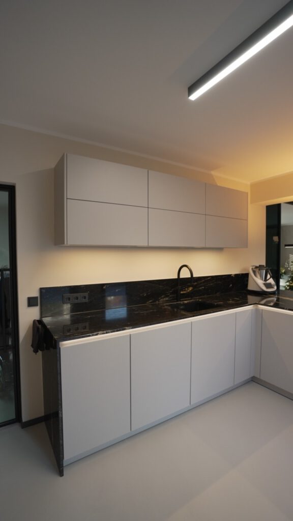 Moderne, minimalistische Küche mit weißen Schränken, schwarzer Marmorarbeitsplatte und warmem Licht.