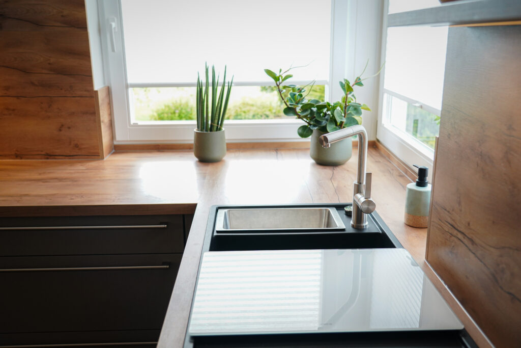 Moderne Küche mit Edelstahlspüle, zwei Topfpflanzen auf der Fensterbank und Seifenspender.