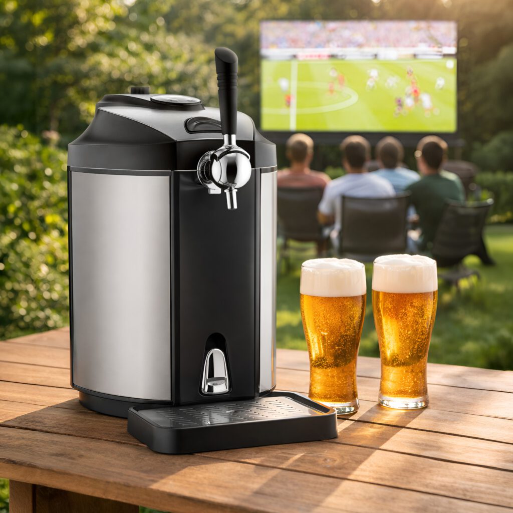 Ein moderner Bierzapfhahn auf einem Tisch, dahinter Menschen, die draußen ein Fußballspiel schauen.
