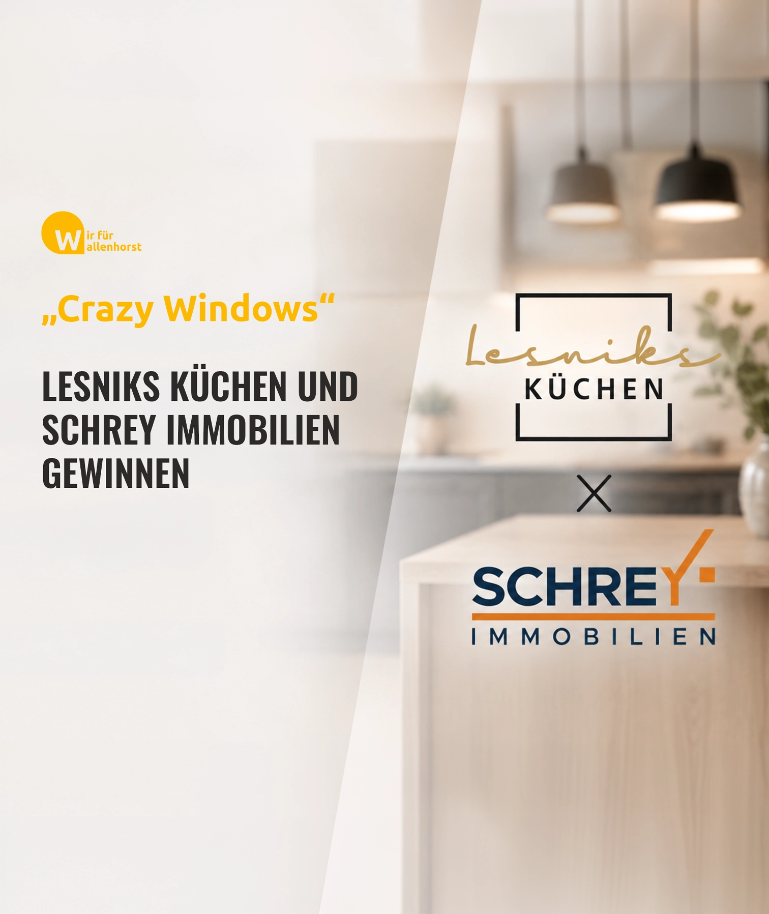 Werbegrafik mit "Crazy Windows", Logos von Lesniks Küchen und Schrey Immobilien vor Küchenhintergrund.