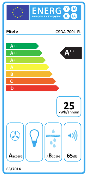 EU-Energielabel für Miele-Gerät, Modell CSDA 7001 FL, Energieeffizienzklasse A++, 25 kWh/Jahr.
