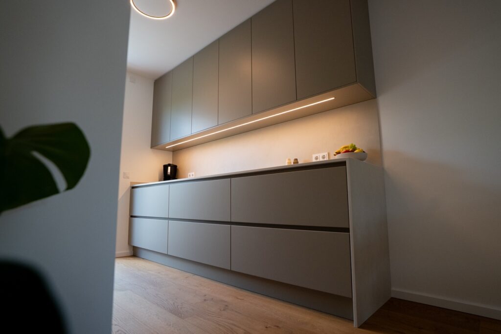 Moderne Küche mit grauen Schränken, Holzfußboden, Obstschale, Kaffeemaschine und grüner Pflanze.