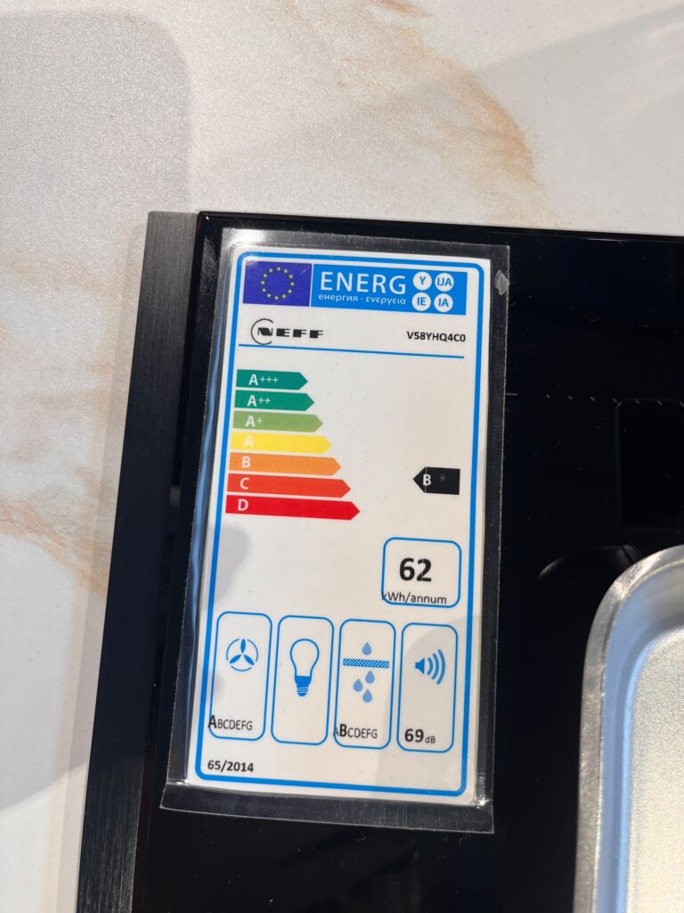 Ein EU-Energieeffizienzlabel zeigt Klasse B, 62 kWh Verbrauch und 69 dB Geräuschpegel.