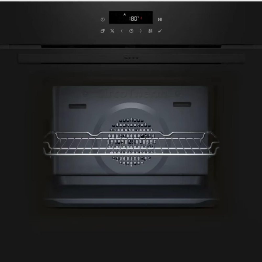 Moderner Backofen in dunklem Grau mit digitalem Display, auf 180 Grad eingestellt, Gitterrost sichtbar.