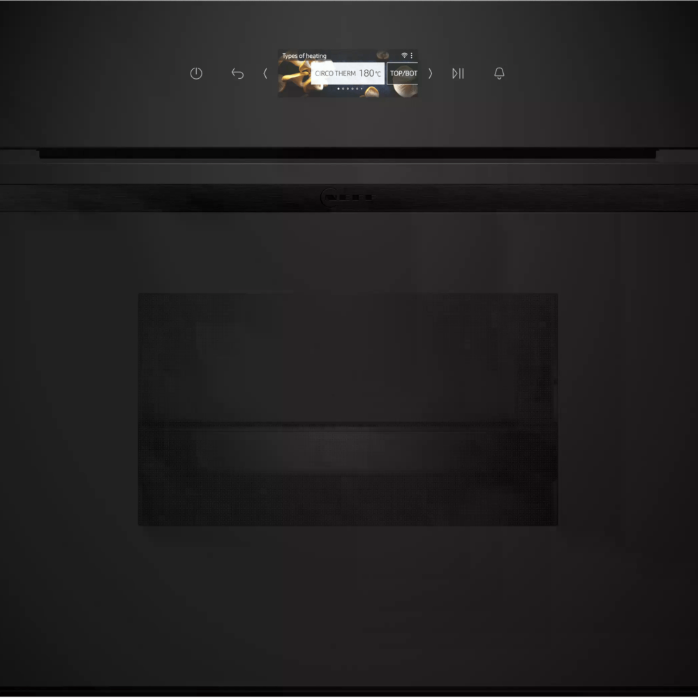 Moderner schwarzer Backofen mit digitaler Anzeige, zeigt "CIRCOTHERM 180°C", bereit zur Nutzung.