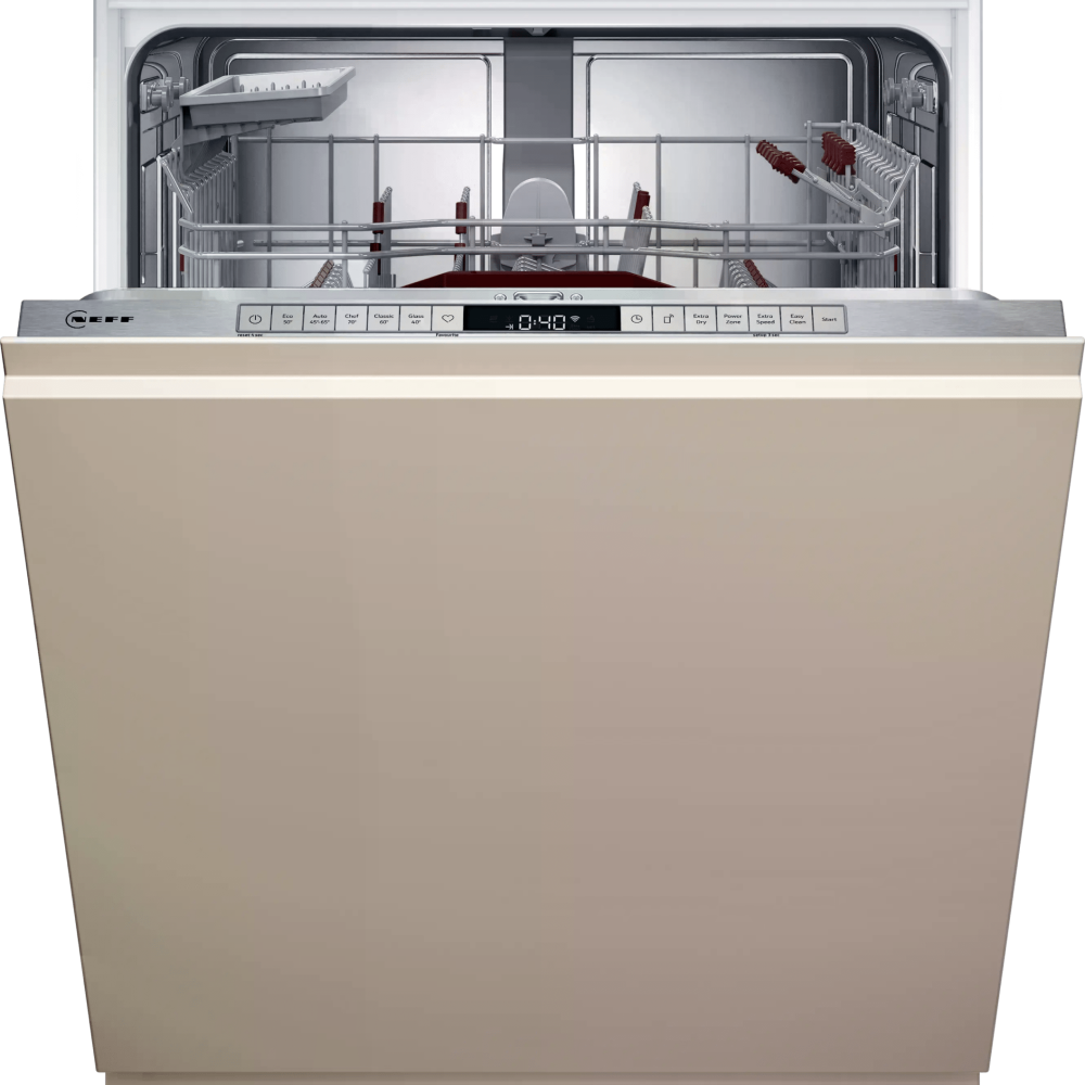 Geöffnete Geschirrspülmaschine mit sichtbaren Körben und Halterungen, beige Front, metallisches Inneres.