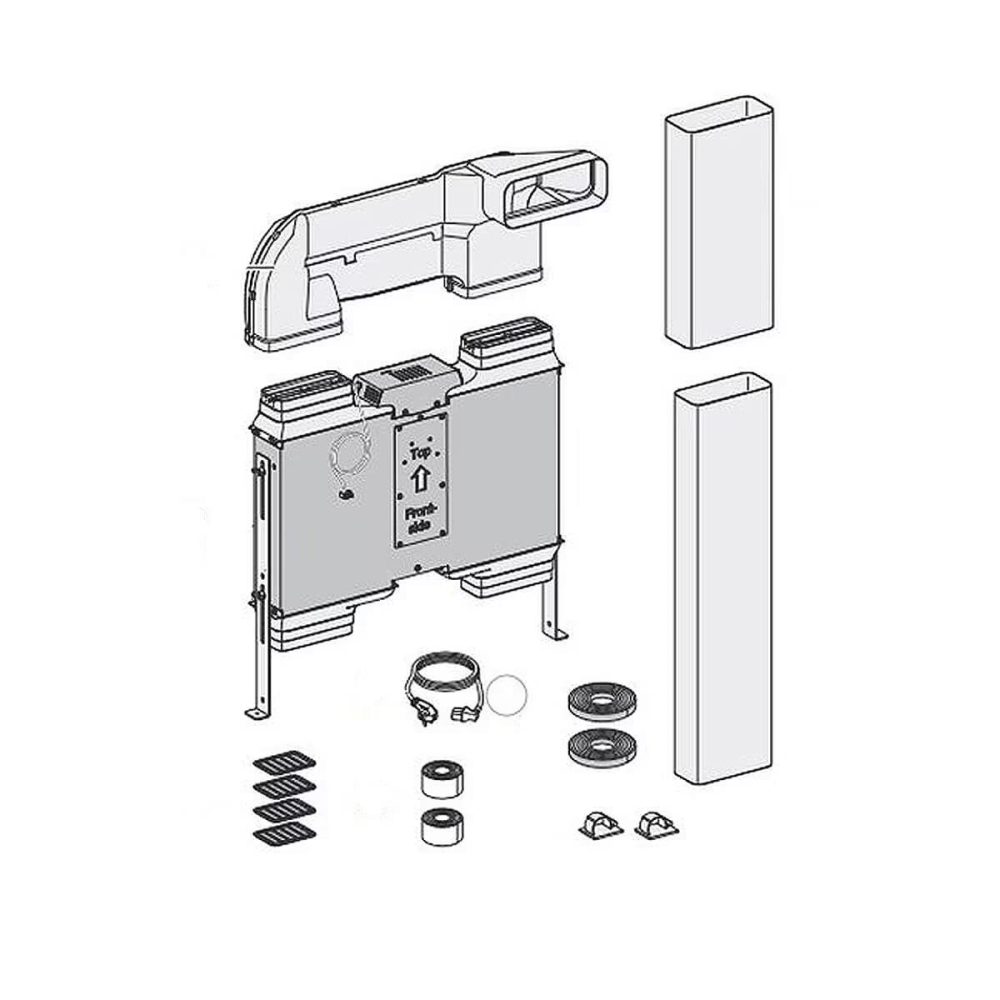 Explosionszeichnung eines technischen Geräts mit zentralem Gehäuse, Rohren und kleineren Bauteilen.