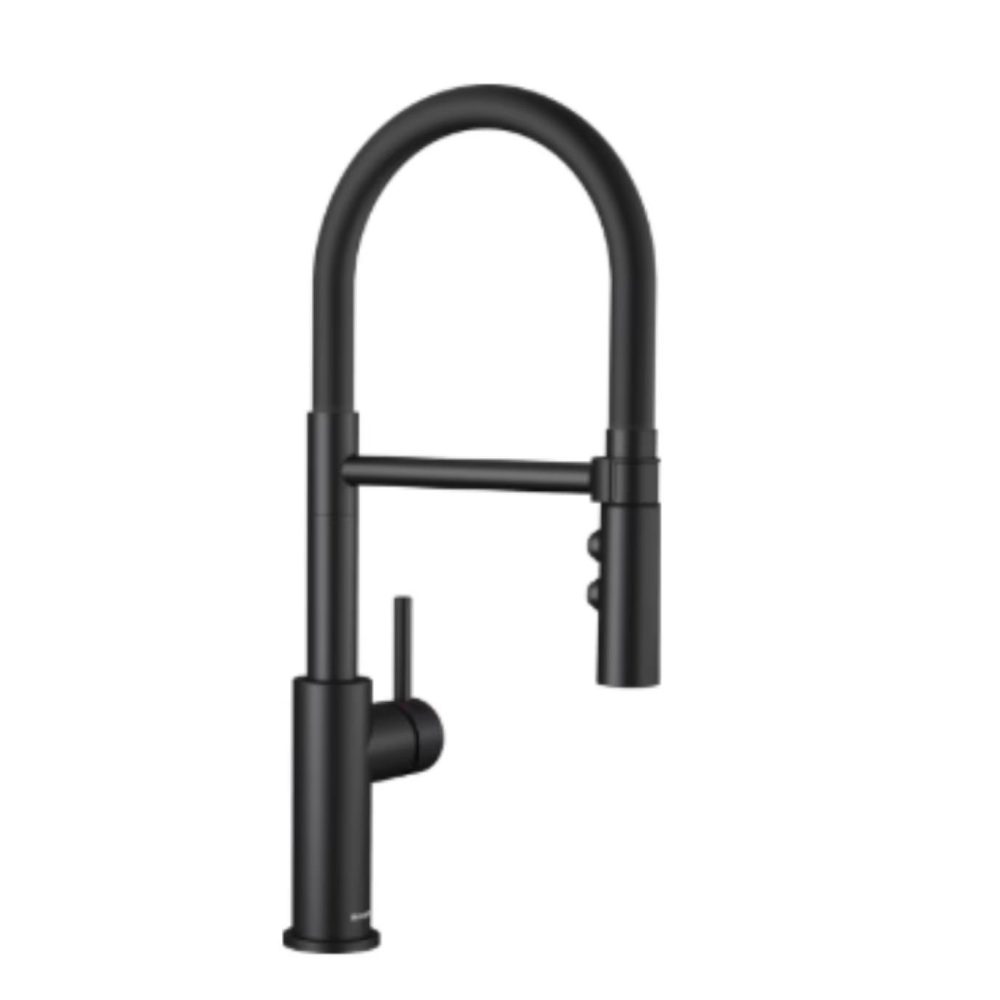 Moderner, mattschwarzer Wasserhahn mit gebogenem Auslauf und seitlichem Hebel, stilvoll und minimalistisch.