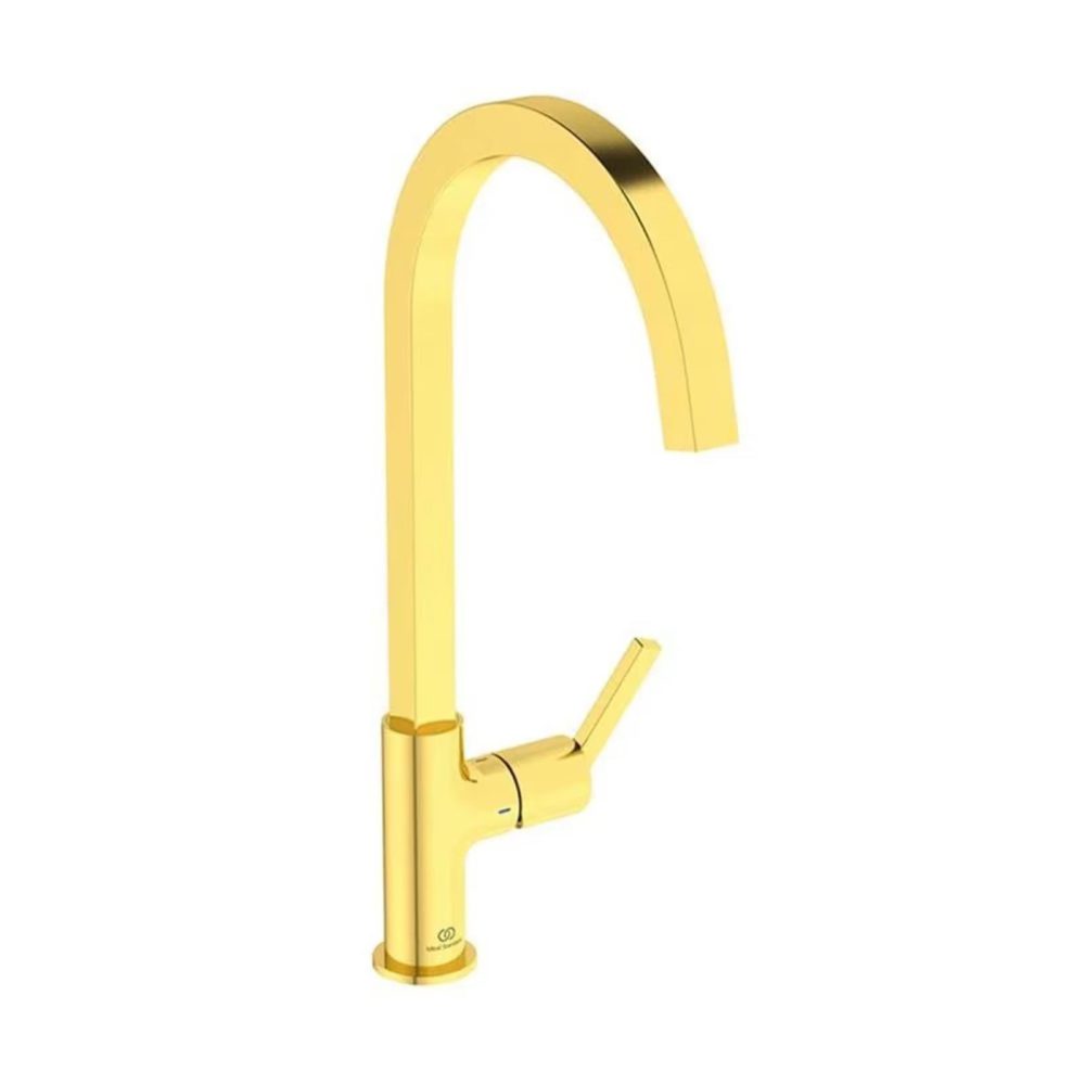 Ein glänzender, goldener Wasserhahn mit modernem Design und seitlichem Hebelgriff vor neutralem Hintergrund.