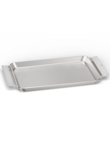 Ein glänzendes, rechteckiges Edelstahl-Backblech mit integrierten Griffen und leicht erhöhten Rändern.