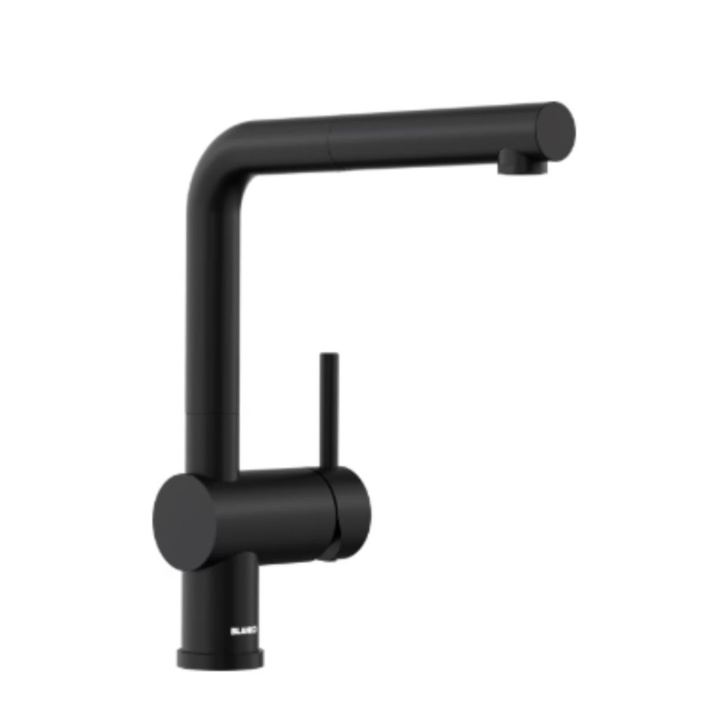 Ein moderner, mattschwarzer Wasserhahn mit minimalistischen Linien in einem stilvollen Design.