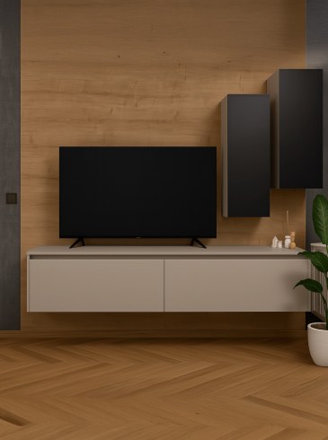 Moderner Wohnbereich mit Flachbildfernseher, schwebendem Sideboard, dunklen Schränken und Holzoptik.