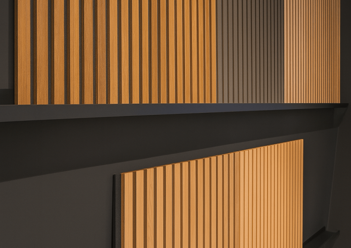 Moderne Wand mit vertikalen, hellen Holzpaneelen vor dunklem Hintergrund, elegant und minimalistisch.