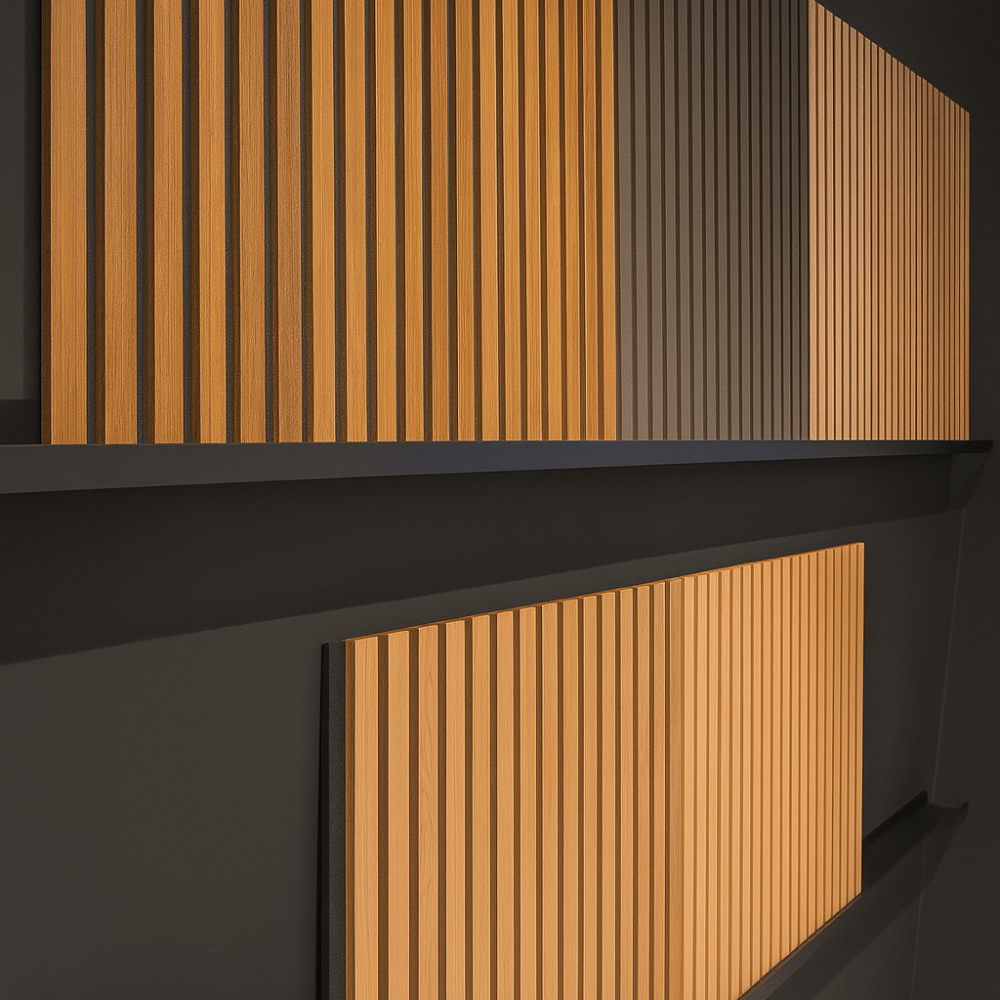 Moderne Wand mit vertikalen, hellen Holzpaneelen vor dunklem Hintergrund, elegant und minimalistisch.