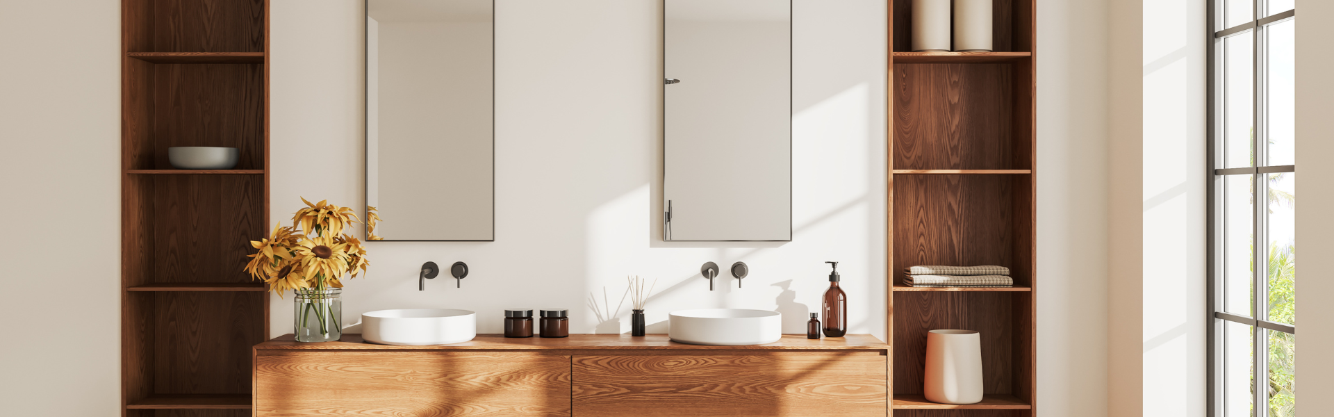 Modernes Badezimmer mit Holzdetails, zwei Waschbecken, Spiegeln und gelben Blumen für frische Akzente.