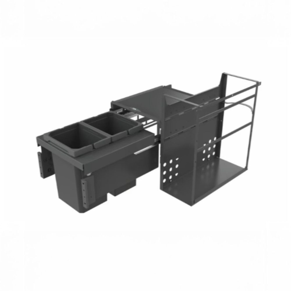 Ausziehbares Abfalltrennsystem mit zwei grauen Behältern und einem Metallrahmen in einem Küchenschrank.