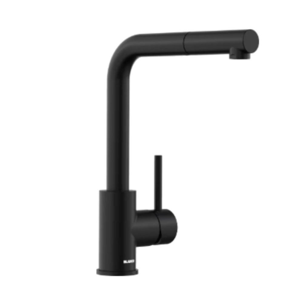 Ein moderner, matt schwarzer Wasserhahn mit minimalistischen Linien in elegantem Design.