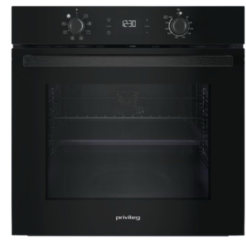 Moderner schwarzer Einbau-Backofen mit digitaler Anzeige und Drehknöpfen im Standby-Modus.