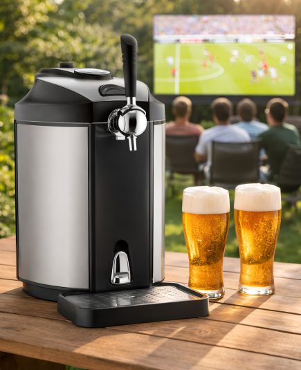 Ein moderner Bierzapfhahn auf einem Tisch, dahinter Menschen, die draußen ein Fußballspiel schauen.